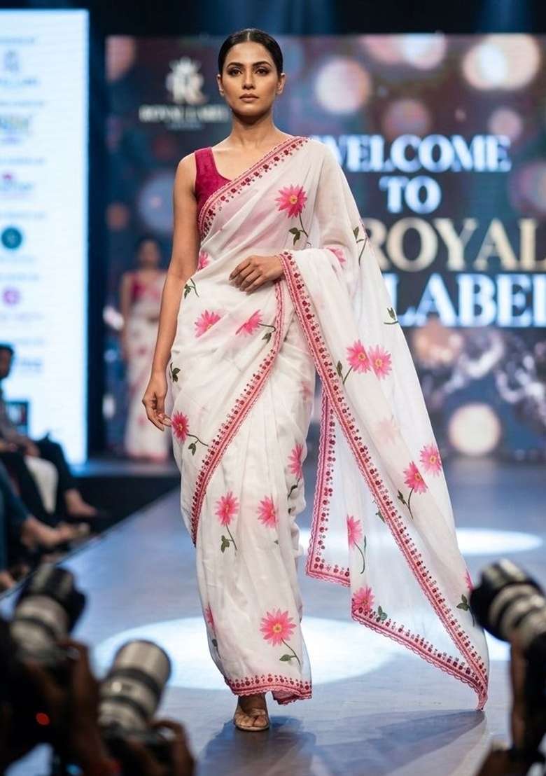 White Embroidery Silk Saree Set - Indya