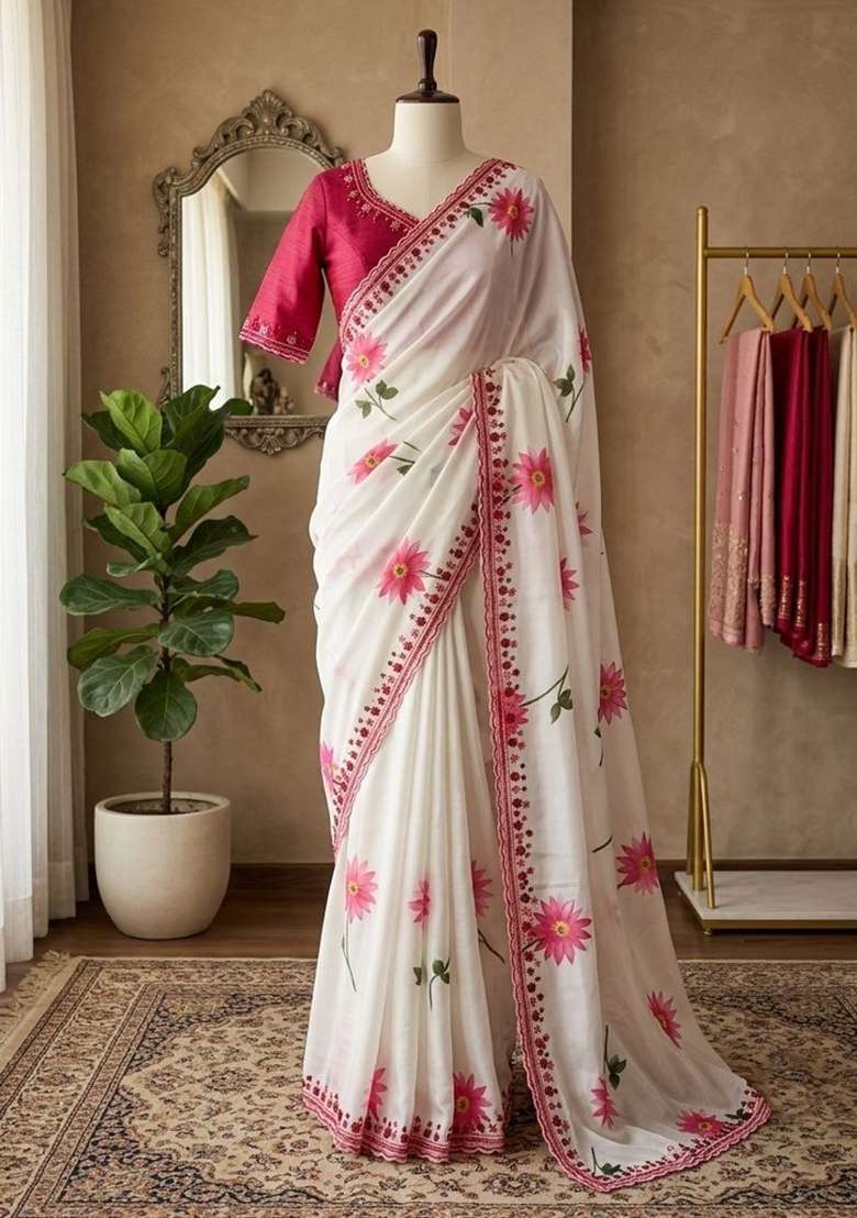 White Embroidery Silk Saree Set - Indya