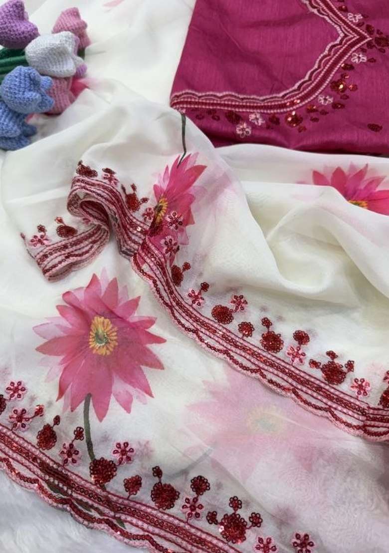 White Embroidery Silk Saree Set - Indya
