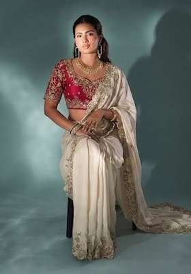 Off White Embroidery Silk Saree Set