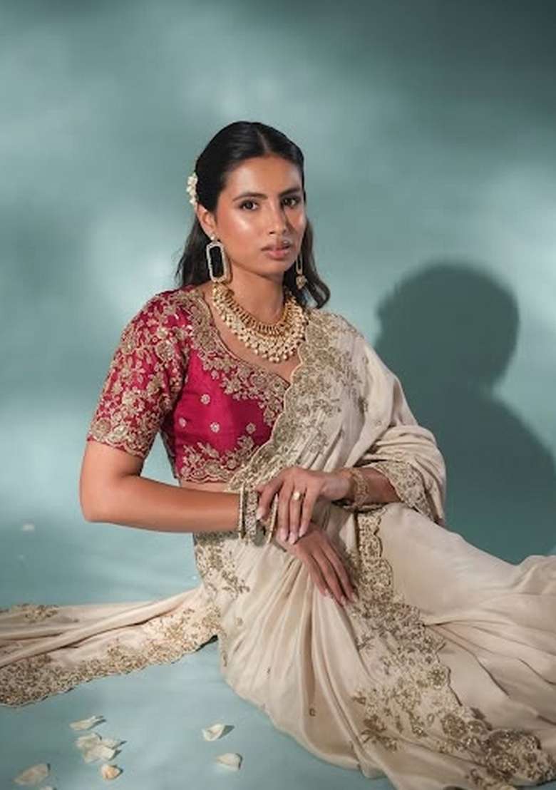 Off White Embroidery Silk Saree Set - Indya