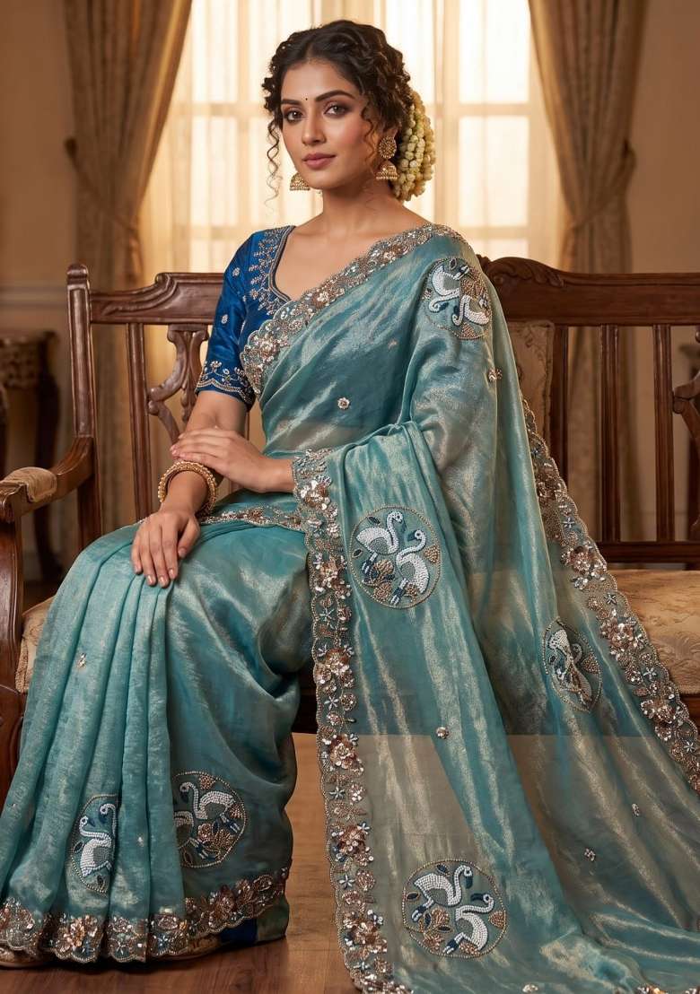 Sky Blue Embroidery Silk Saree Set - Indya