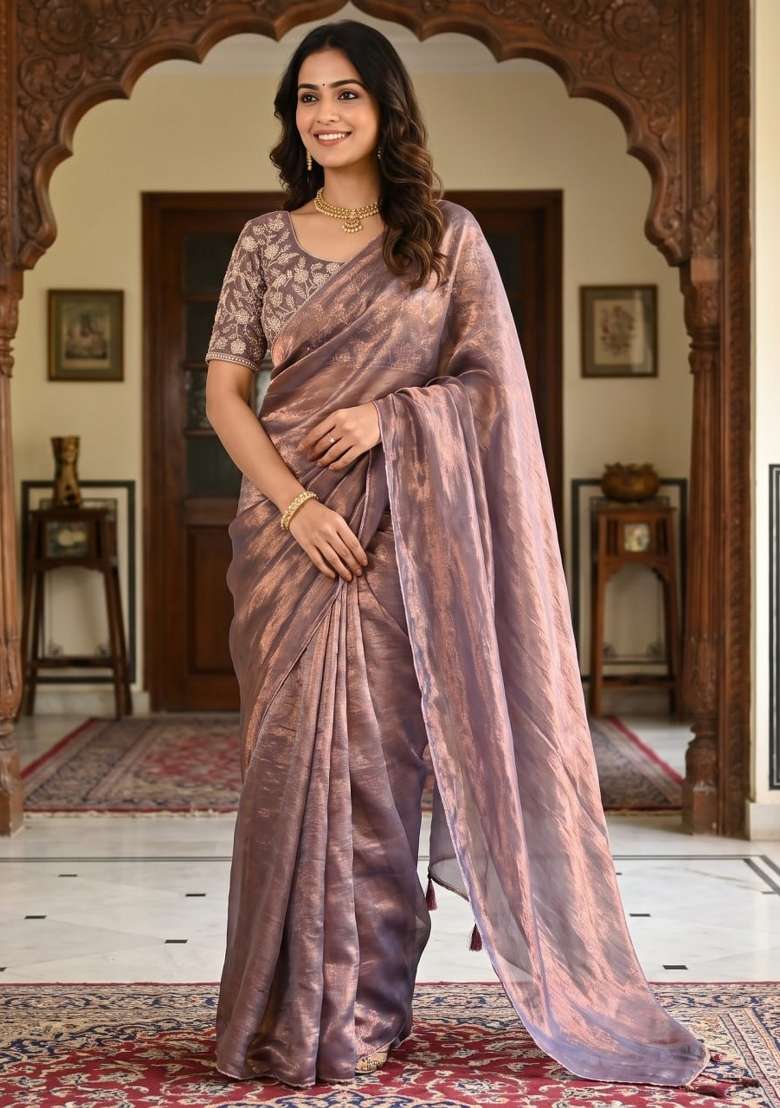 Grey Embroidery Silk Saree Set - Indya