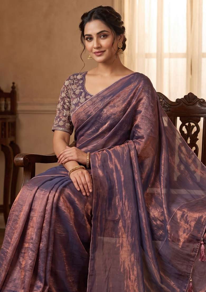 Grey Embroidery Silk Saree Set - Indya