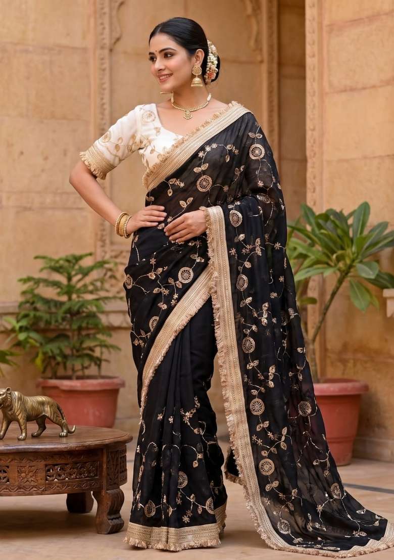 Black Embroidery Silk Saree Set - Indya