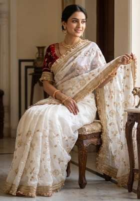 White Embroidery Silk Saree Set