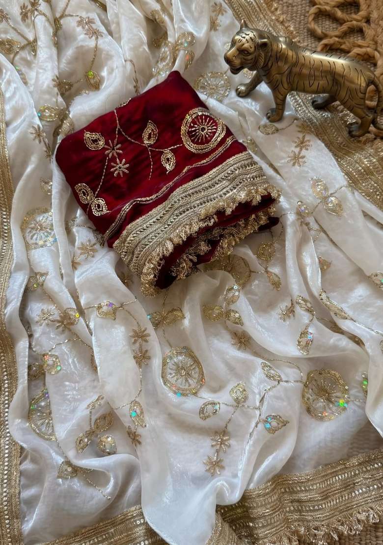 White Embroidery Silk Saree Set - Indya