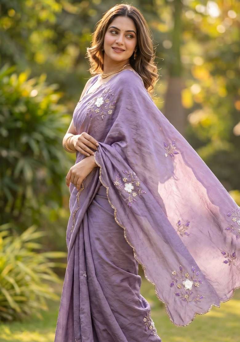 Grey Embroidery Silk Saree Set - Indya