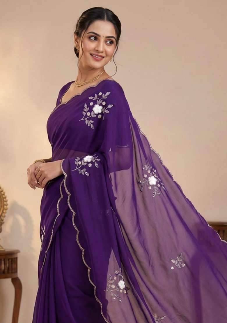 Purple Embroidery Silk Saree Set - Indya