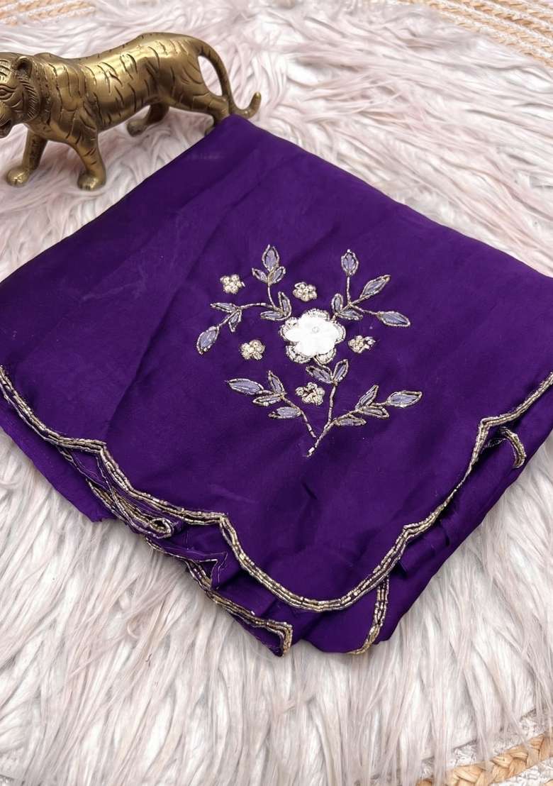 Purple Embroidery Silk Saree Set - Indya