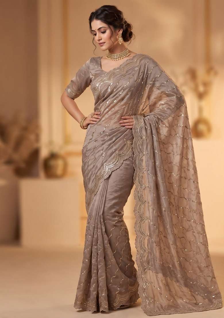 Grey Embroidery Silk Saree Set - Indya
