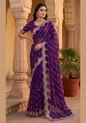 Purple Embroidery Silk Saree Set