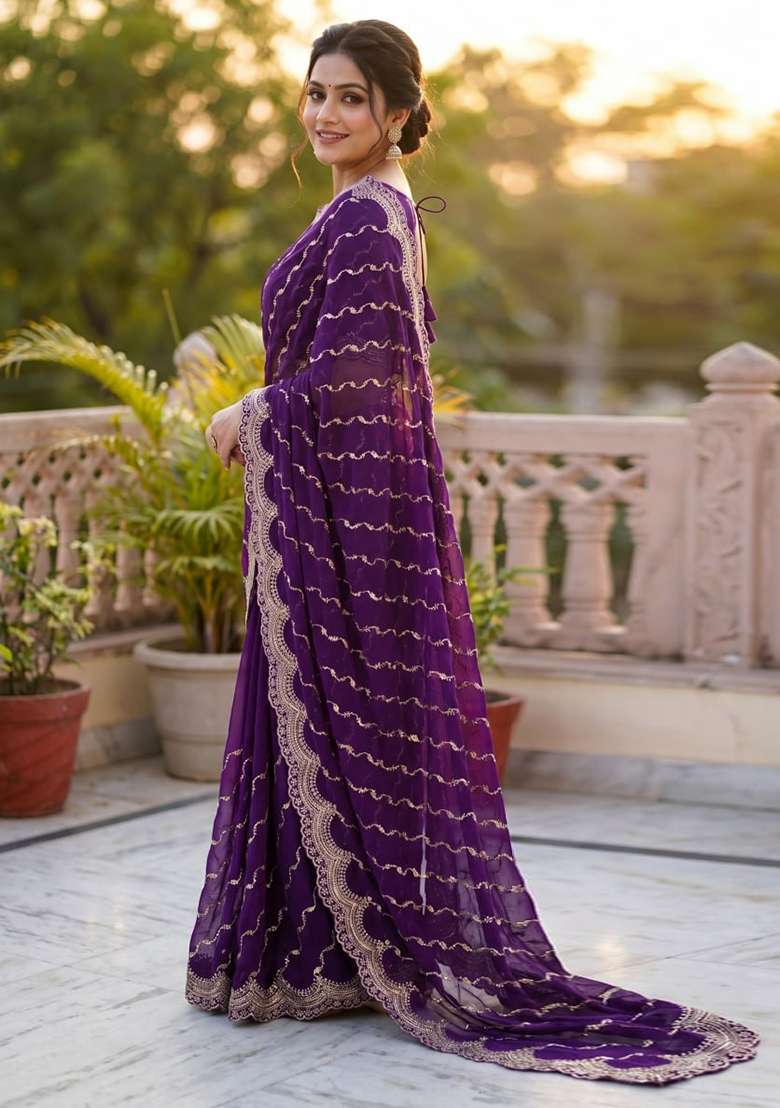 Purple Embroidery Silk Saree Set - Indya