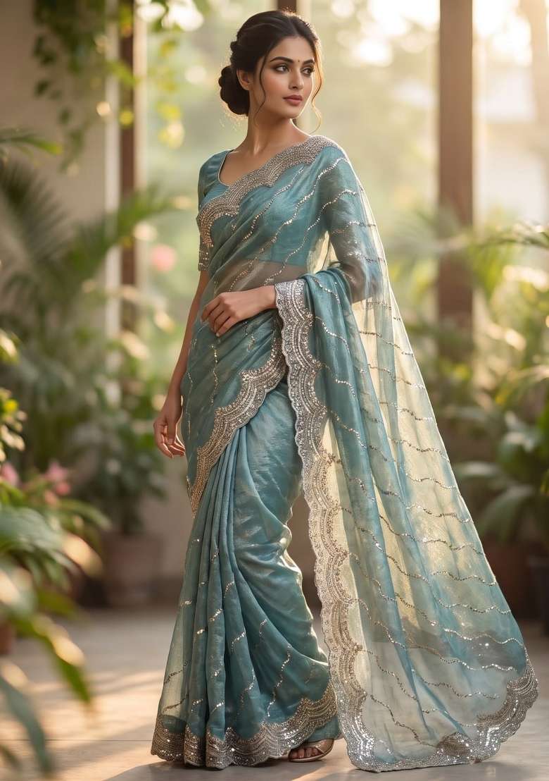 Sky Blue Embroidery Silk Saree Set - Indya