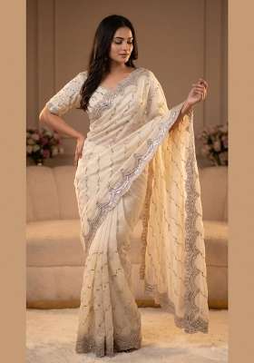 White Embroidery Silk Saree Set