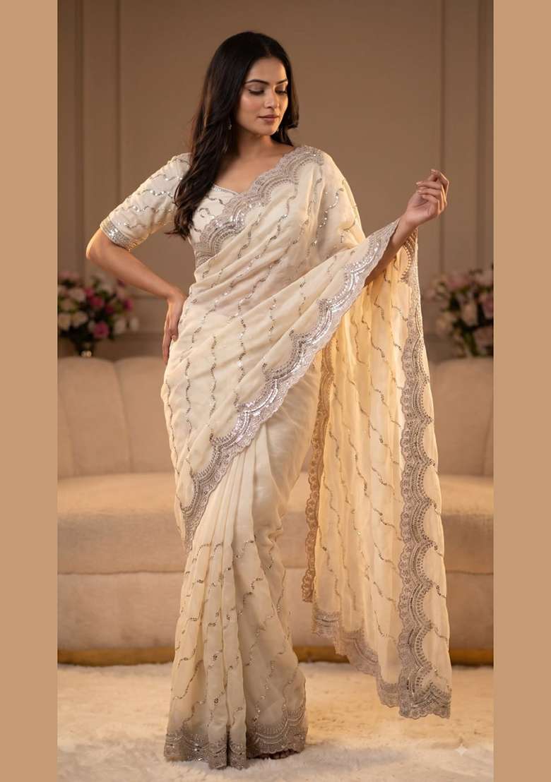 White Embroidery Silk Saree Set - Indya