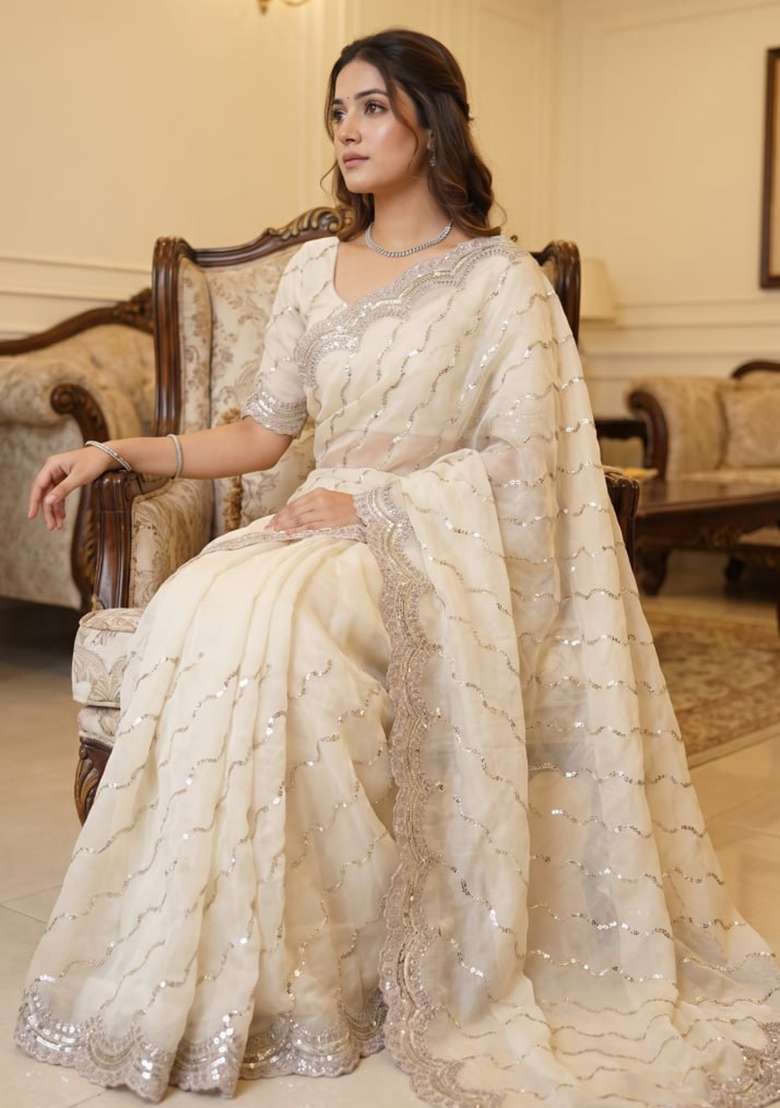 White Embroidery Silk Saree Set - Indya