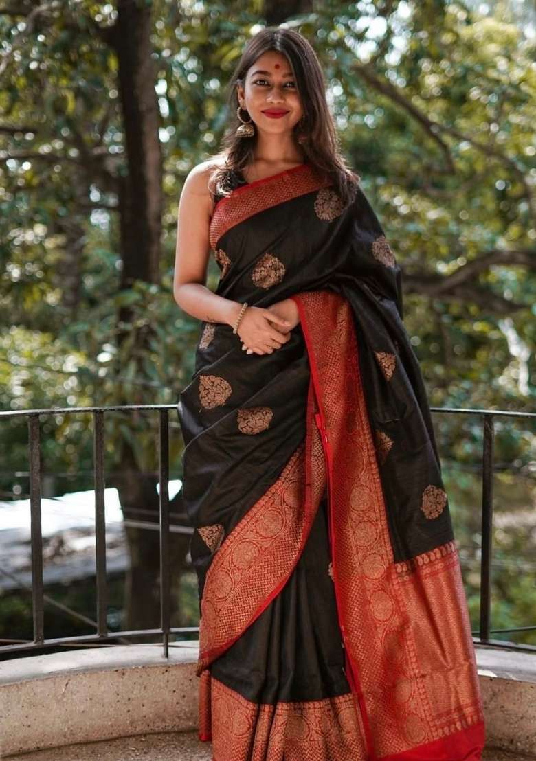 Black Embroidery Silk Saree Set - Indya