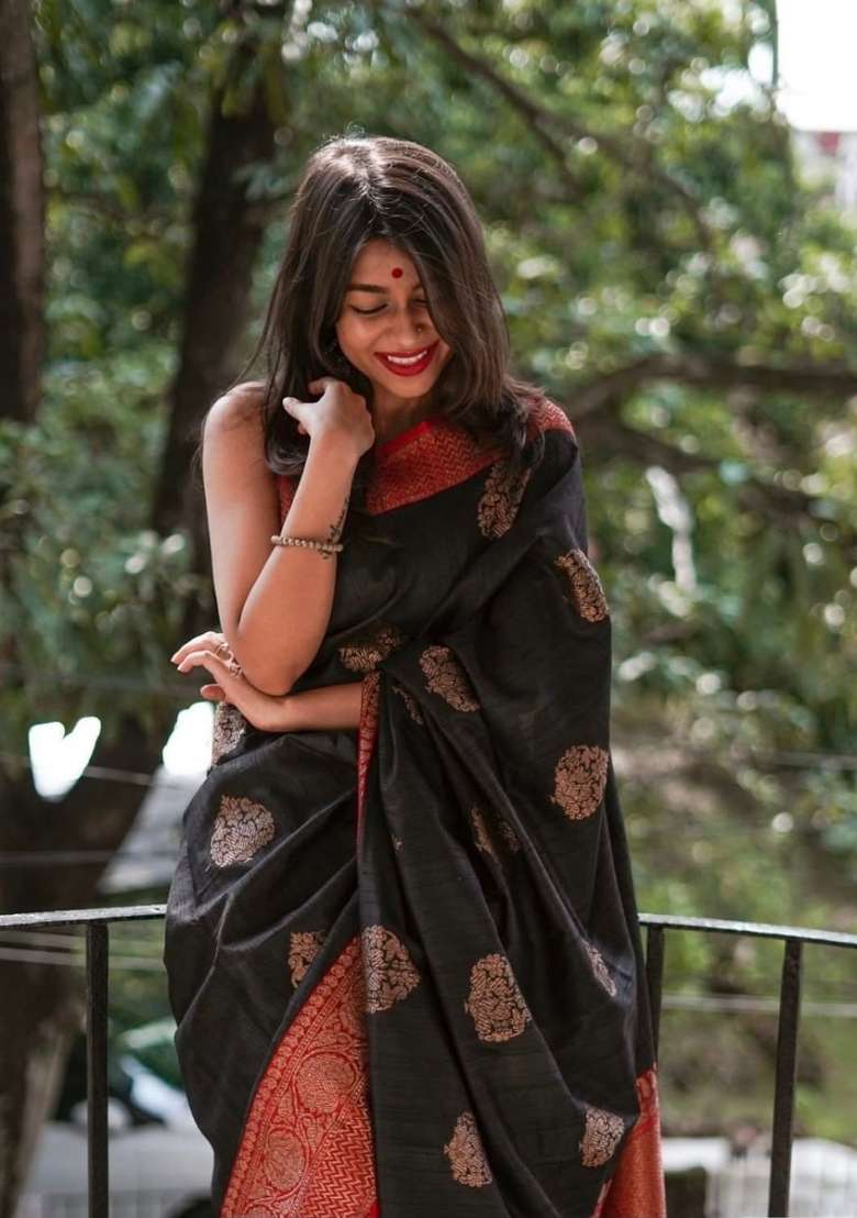 Black Embroidery Silk Saree Set - Indya