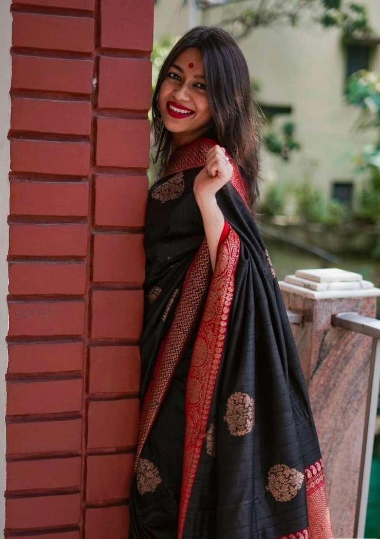 Black Embroidery Silk Saree Set - Indya