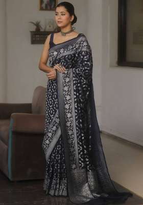 Black Embroidery Silk Saree Set