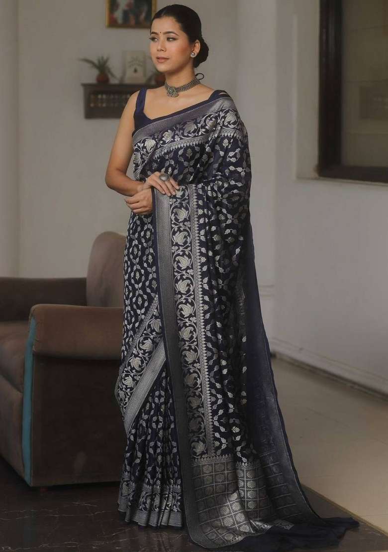 Black Embroidery Silk Saree Set - Indya