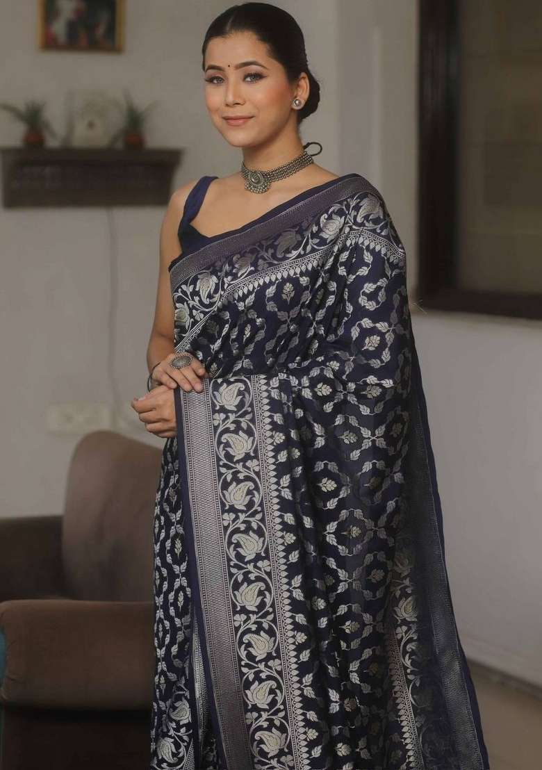 Black Embroidery Silk Saree Set - Indya