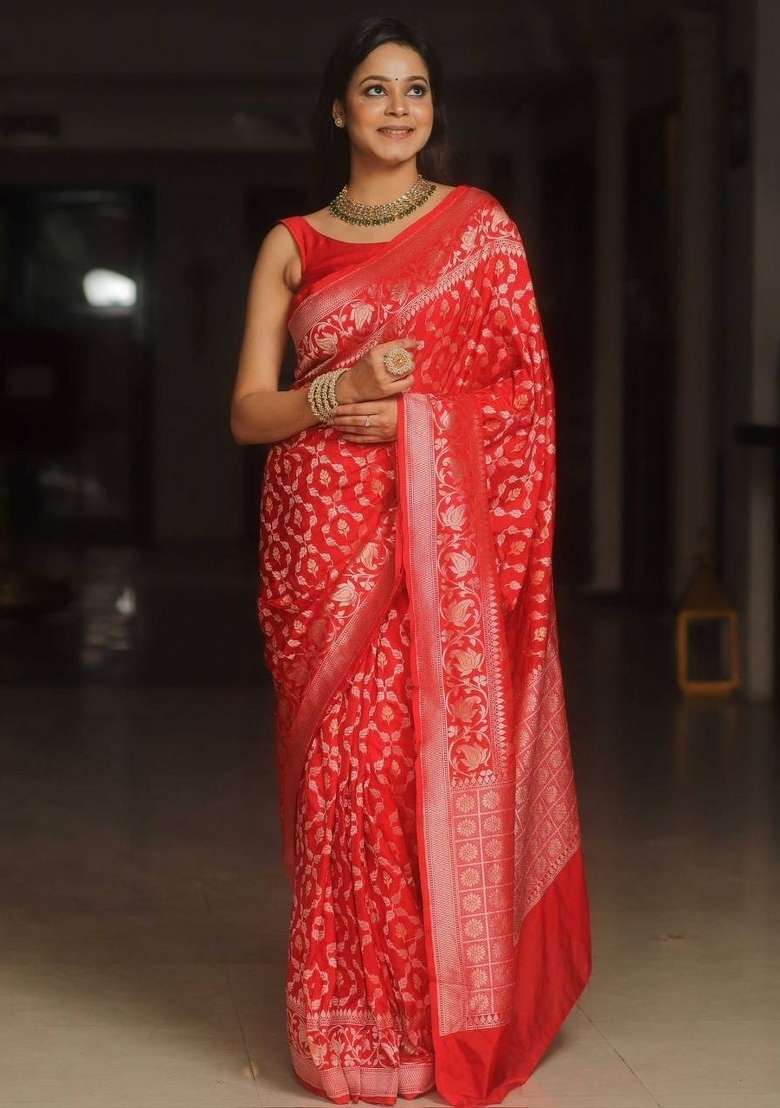 Red Embroidery Silk Saree Set - Indya