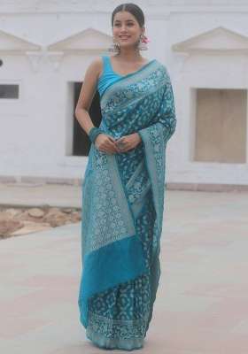 Sky Blue Embroidery Silk Saree Set