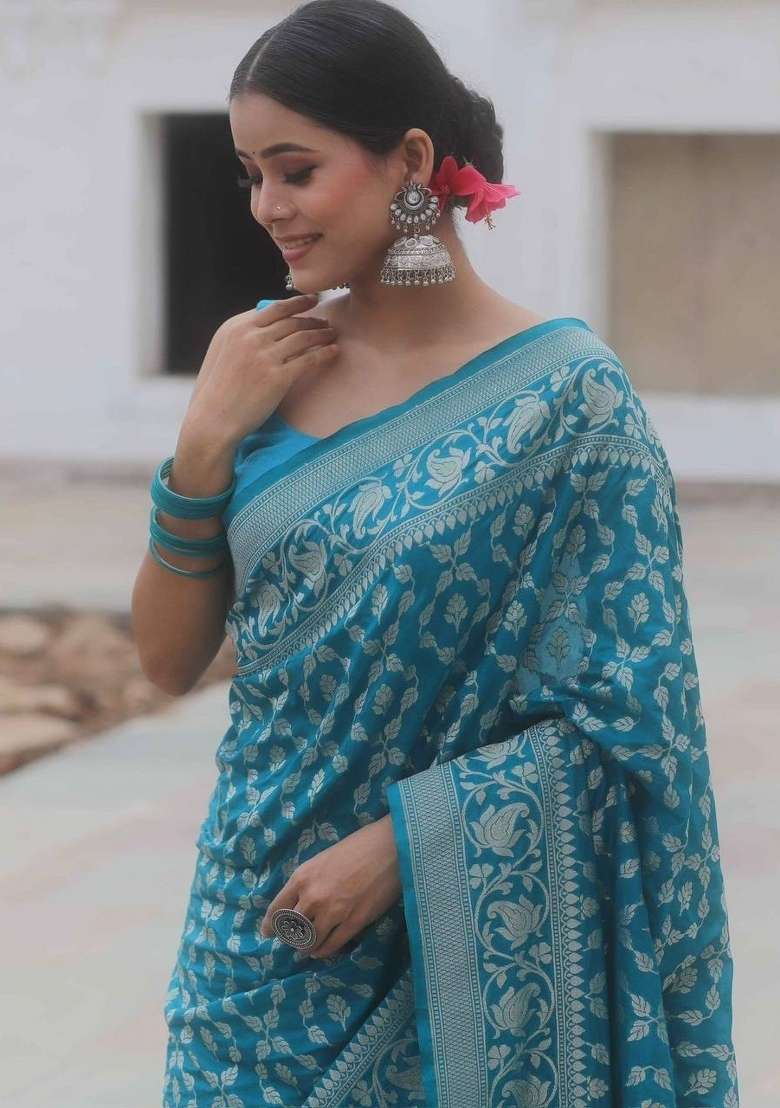 Sky Blue Embroidery Silk Saree Set - Indya