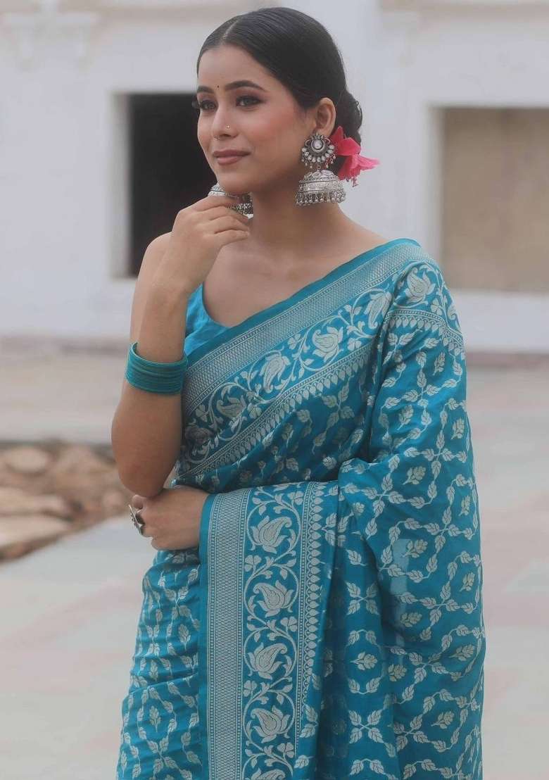 Sky Blue Embroidery Silk Saree Set - Indya