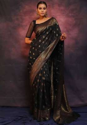Black Embroidery Silk Saree Set