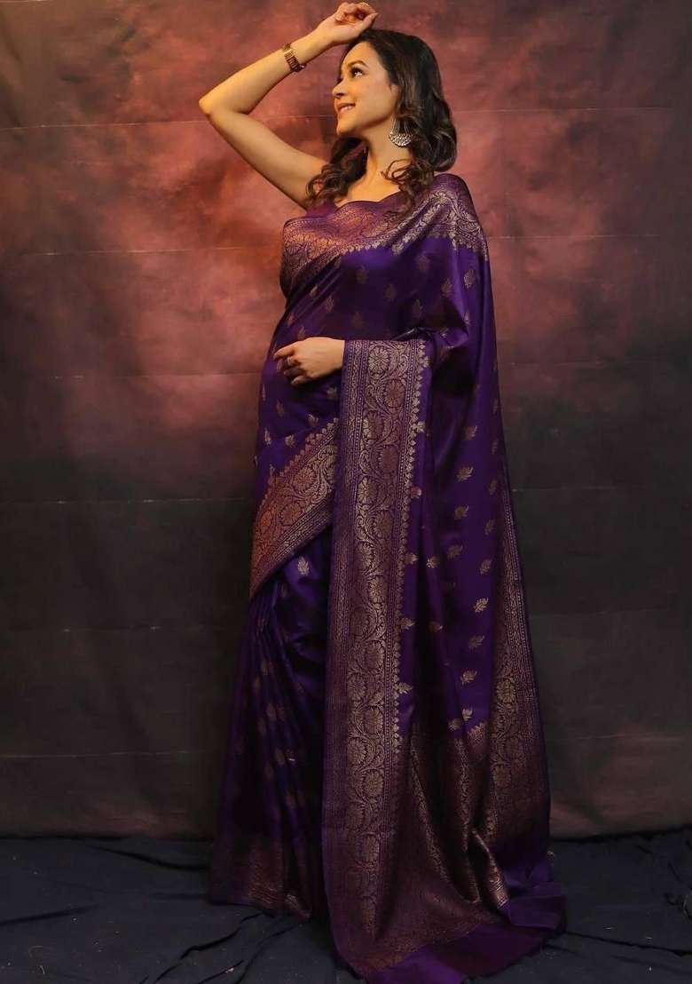 Purple Embroidery Silk Saree Set - Indya
