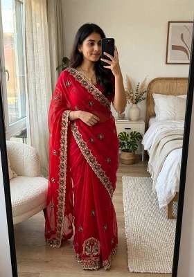 Red Embroidery Silk Saree Set