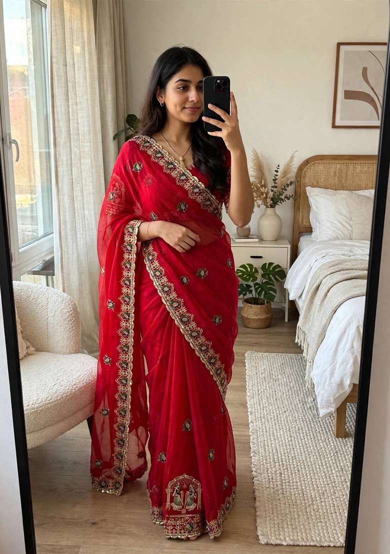 Red Embroidery Silk Saree Set - Indya