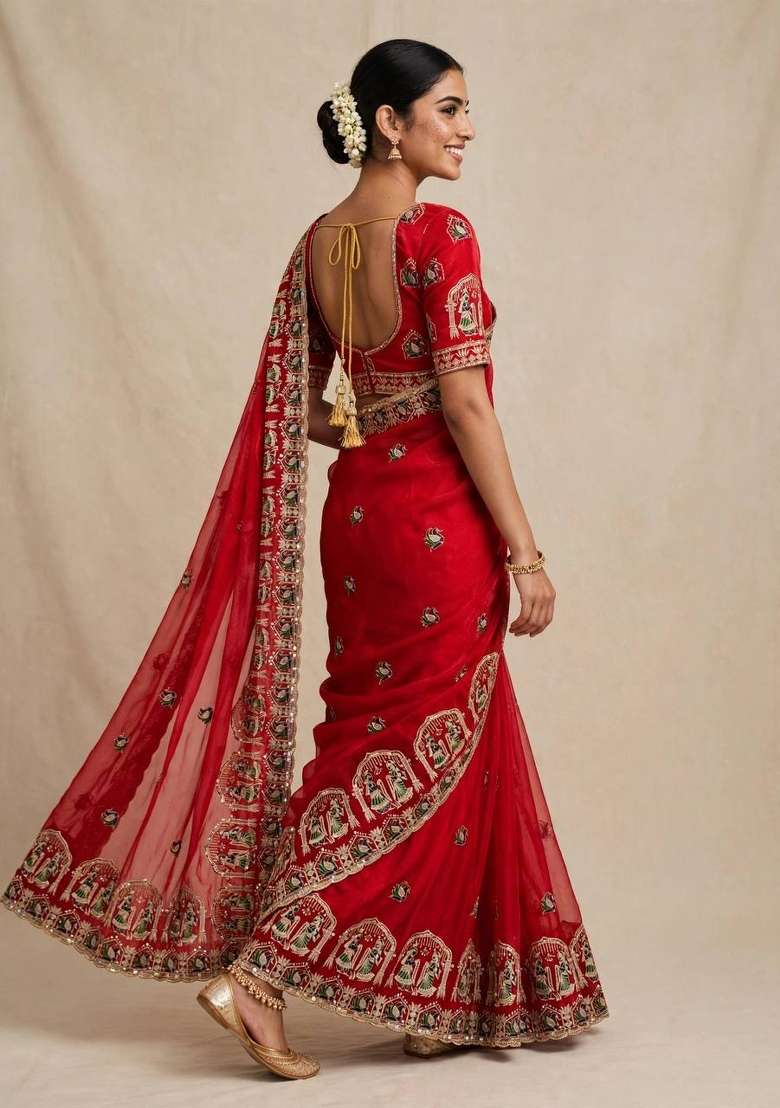 Red Embroidery Silk Saree Set - Indya