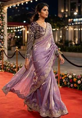 Purple Embroidery Silk Saree Set