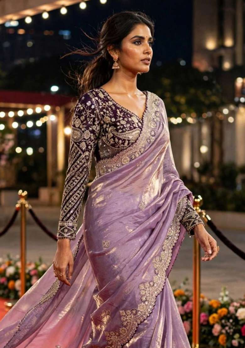 Purple Embroidery Silk Saree Set - Indya