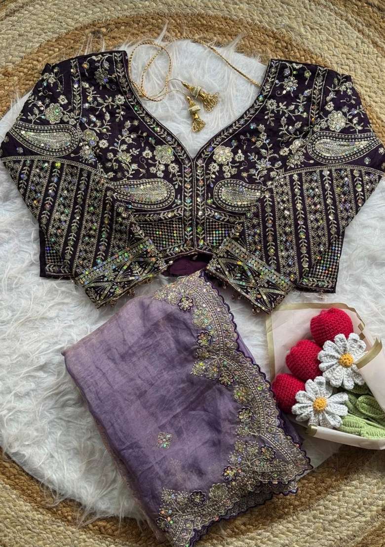 Purple Embroidery Silk Saree Set - Indya
