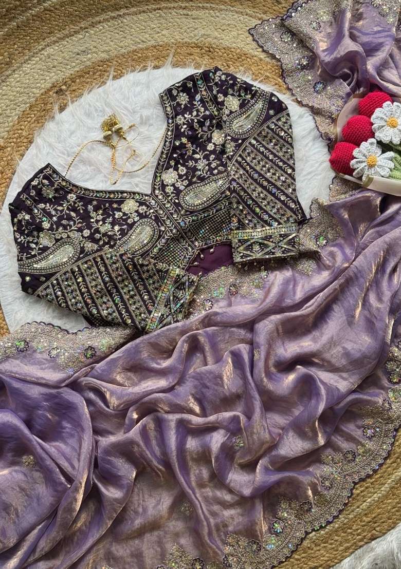 Purple Embroidery Silk Saree Set - Indya