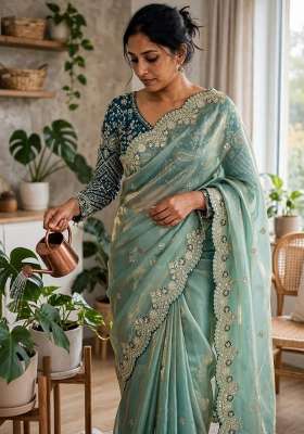 Sky Blue Embroidery Silk Saree Set