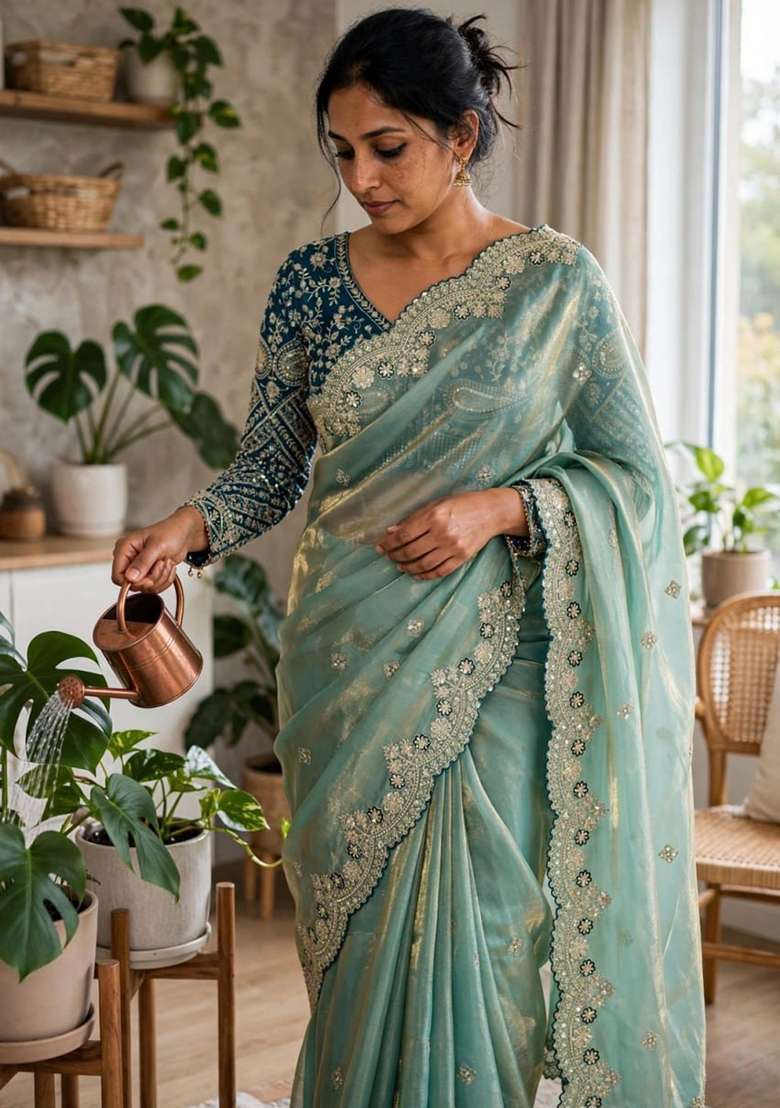 Sky Blue Embroidery Silk Saree Set - Indya