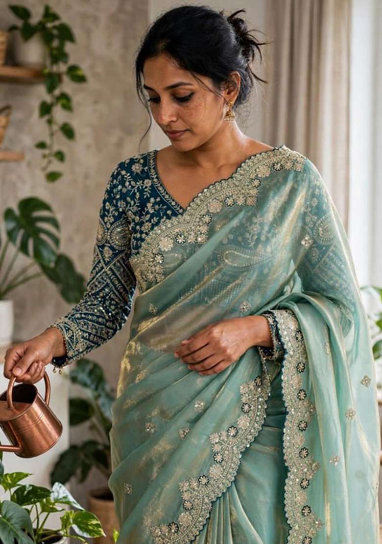 Sky Blue Embroidery Silk Saree Set - Indya