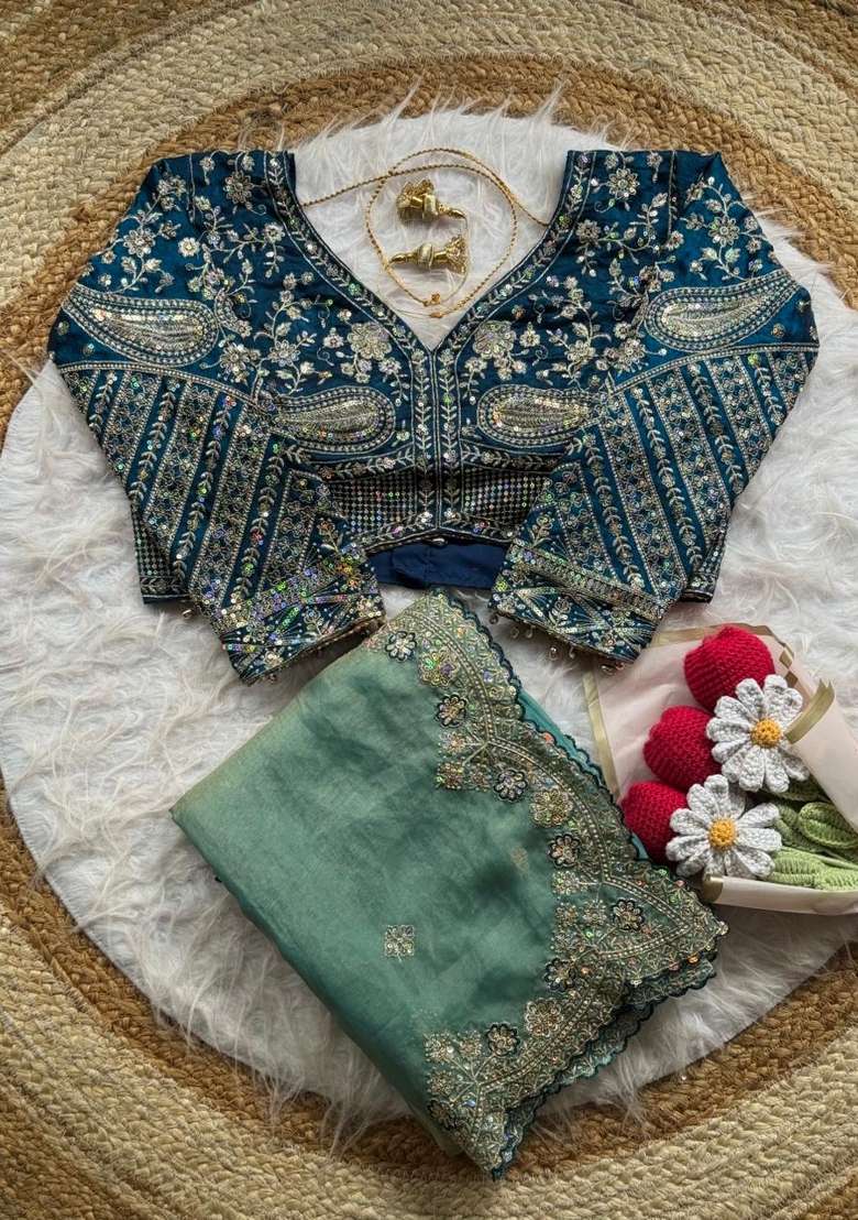 Sky Blue Embroidery Silk Saree Set - Indya