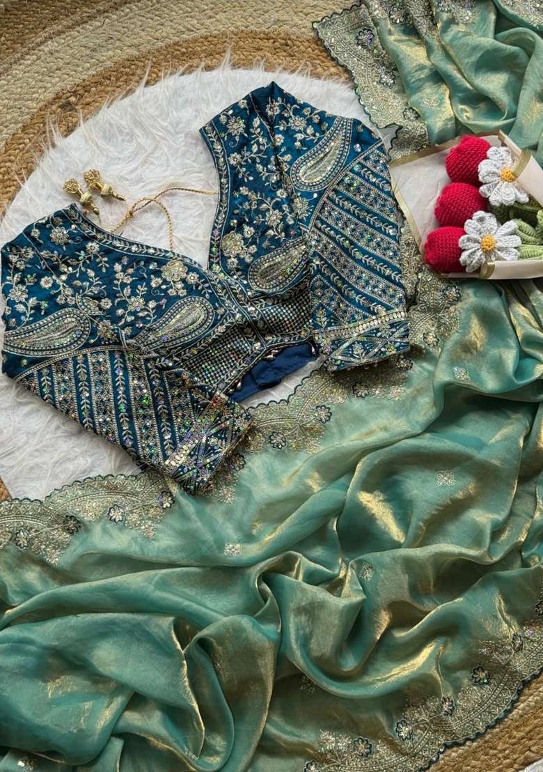 Sky Blue Embroidery Silk Saree Set - Indya