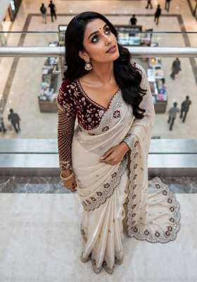 White Embroidery Silk Saree Set
