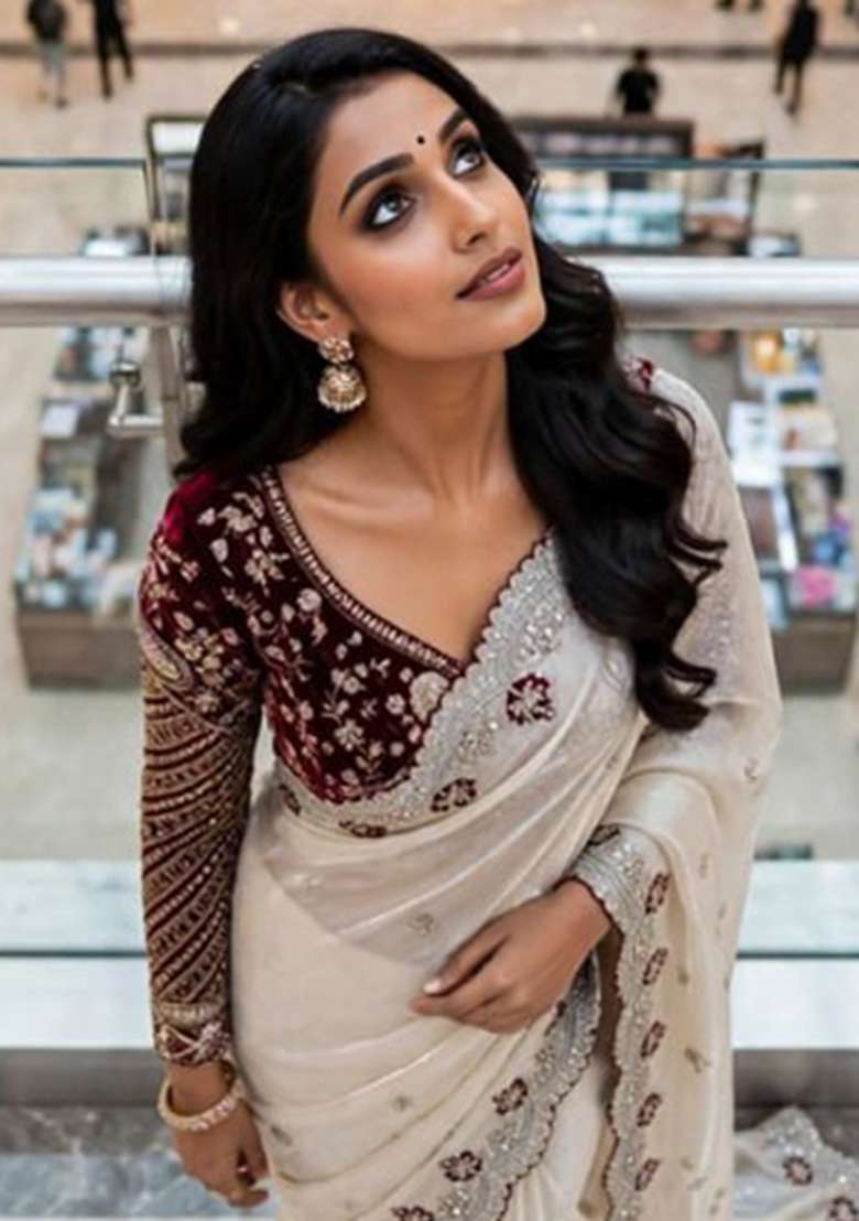 White Embroidery Silk Saree Set - Indya
