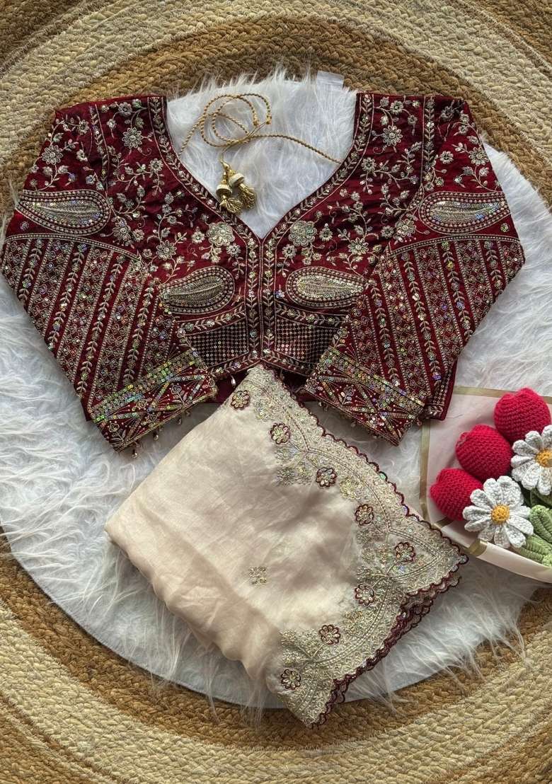 White Embroidery Silk Saree Set - Indya