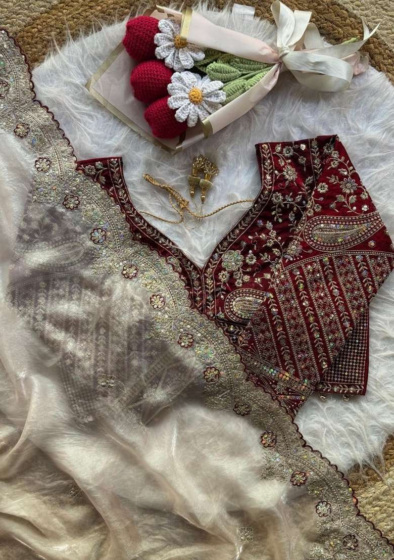 White Embroidery Silk Saree Set - Indya