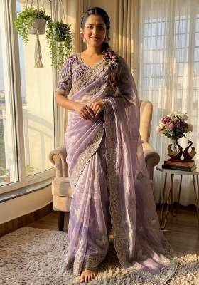 Purple Embroidery Fendi Saree Set